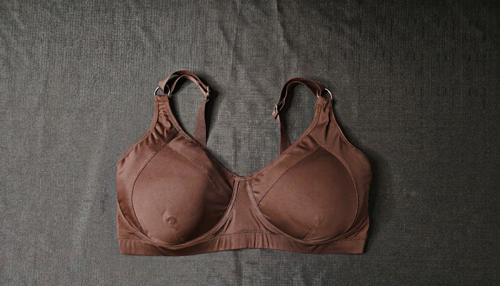 A brown seamless bralette with adjustable shoulder straps and molded cups, laid flat on a textured dark gray fabric background.