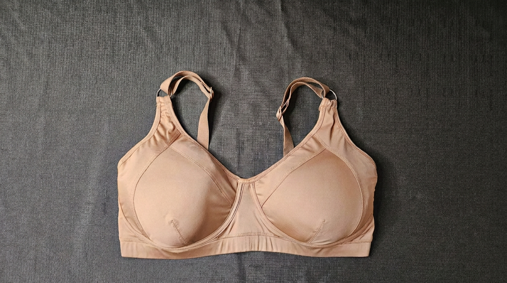 A beige wireless bra with adjustable shoulder straps, laid flat on a dark gray textured fabric background.