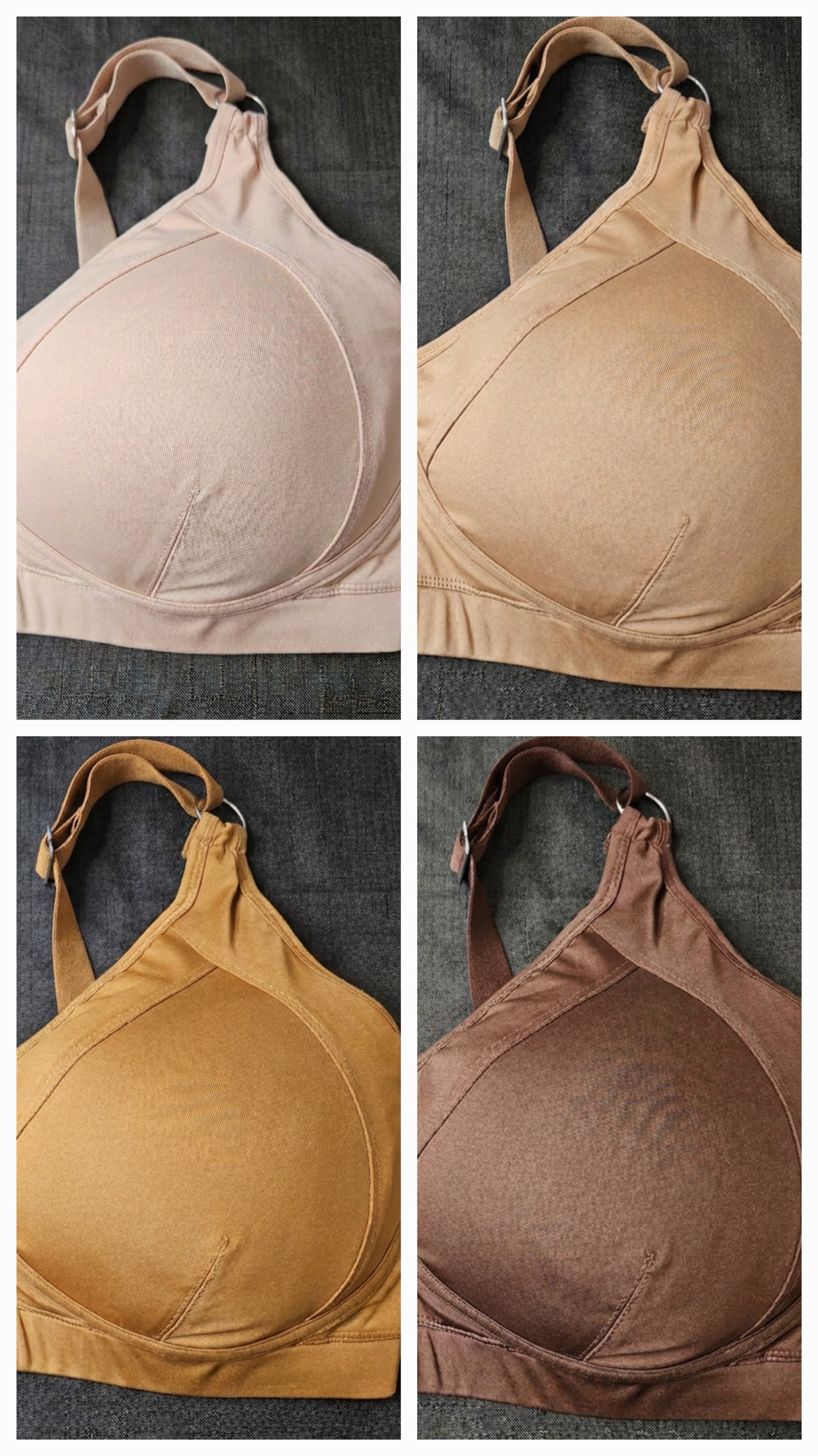 Four-panel collage showing the same bra style in four different neutral colors: light beige, tan, mustard yellow, and medium brown, each photographed on a dark textured background.