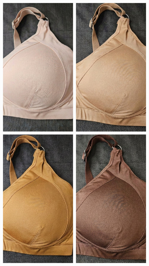 Four-panel collage showing the same bra style in four different neutral colors: light beige, tan, mustard yellow, and medium brown, each photographed on a dark textured background.