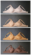 Four bra color options shown in a vertical grid: light beige, tan, golden tan, and medium brown, each photographed flat against a dark gray fabric background.