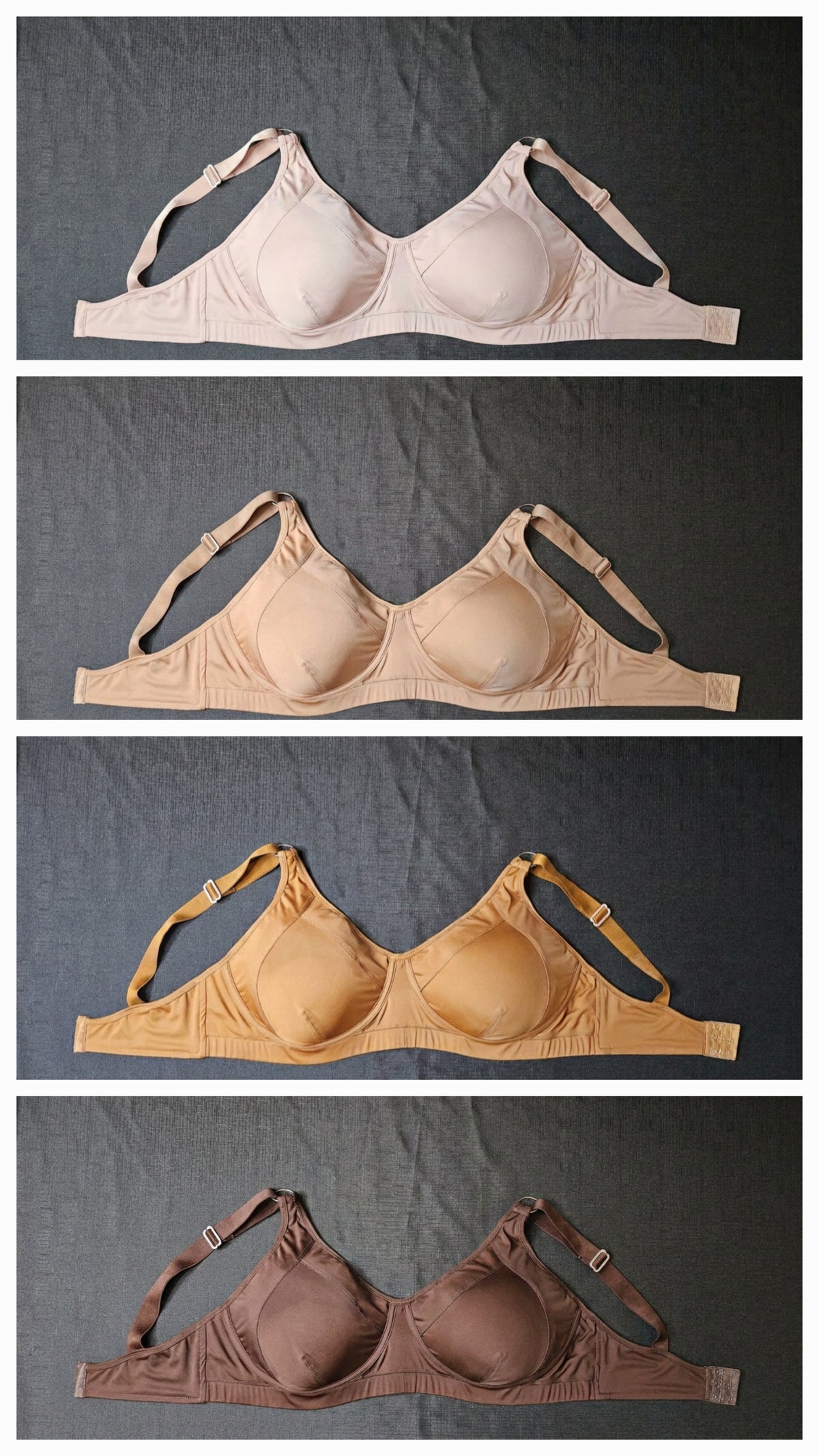 Four bra color options shown in a vertical grid: light beige, tan, golden tan, and medium brown, each photographed flat against a dark gray fabric background.